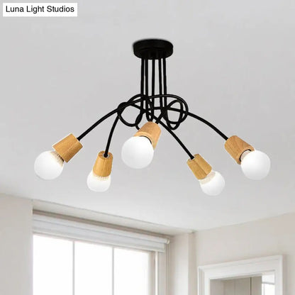 DecorBites™ DecorBites™ Loft Style Metal Ceiling Light with Open Bulb & Twisted Arm – 3/5 Lights, Wood Accent – Perfect for Kitchen & Semi Flush Pendant