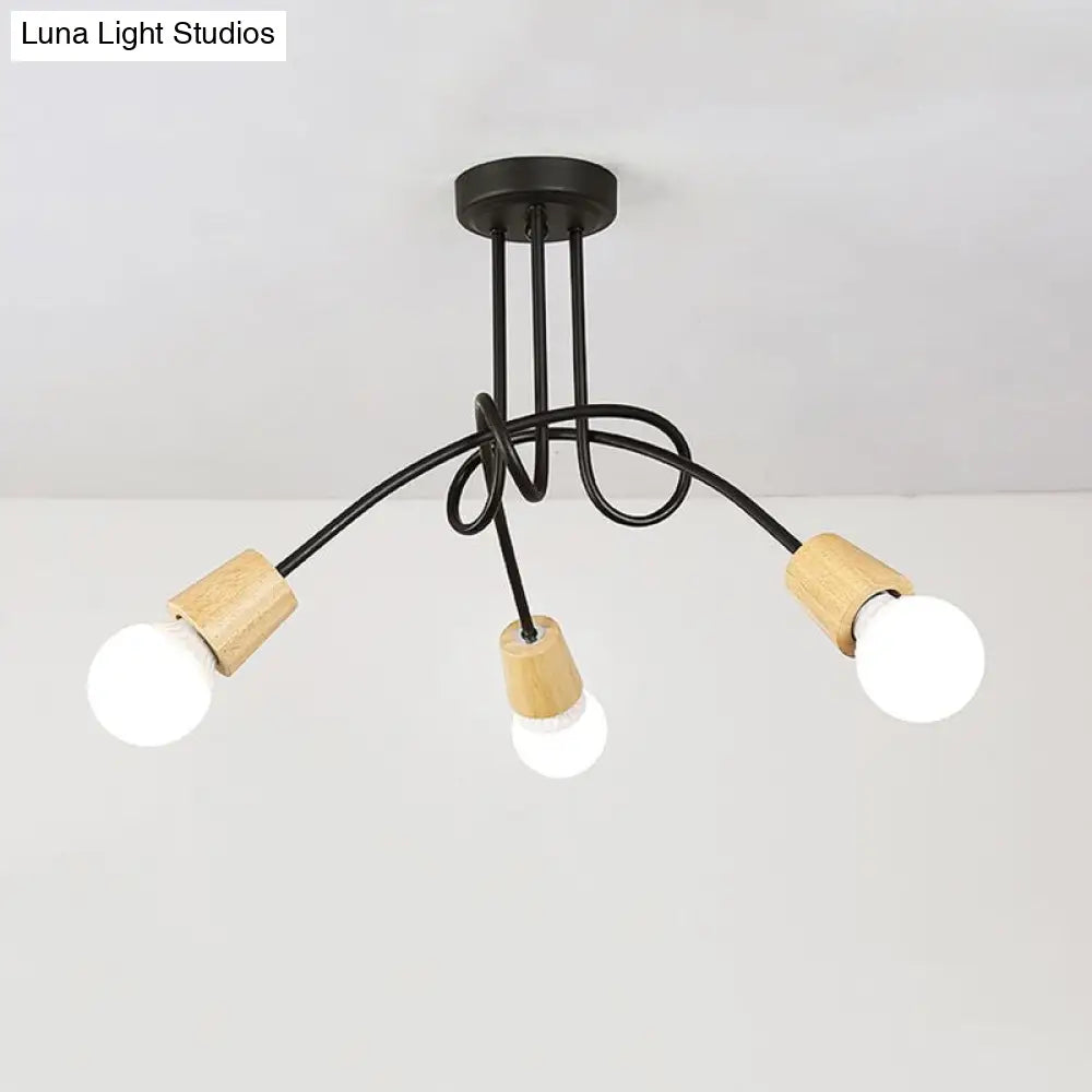 DecorBites™ DecorBites™ Loft Style Metal Ceiling Light with Open Bulb & Twisted Arm – 3/5 Lights, Wood Accent – Perfect for Kitchen & Semi Flush Pendant
