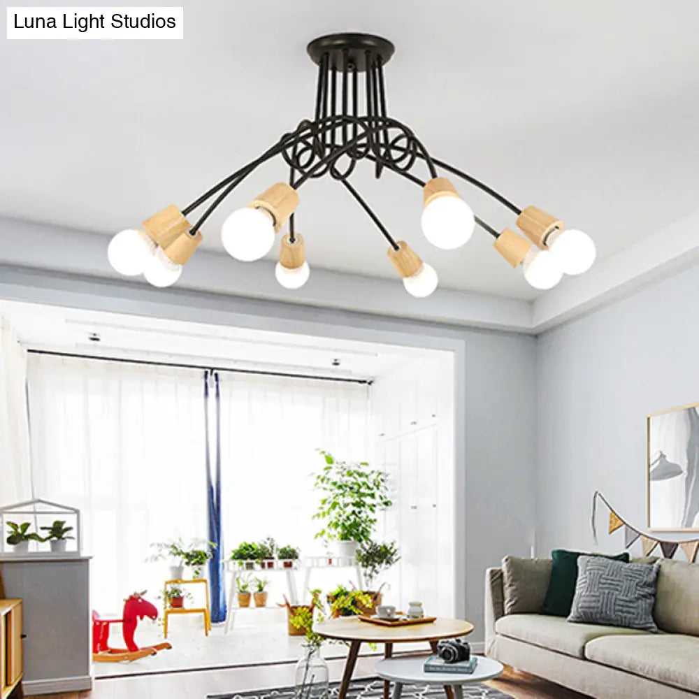 DecorBites™ DecorBites™ Loft Style Metal Ceiling Light with Open Bulb & Twisted Arm – 3/5 Lights, Wood Accent – Perfect for Kitchen & Semi Flush Pendant