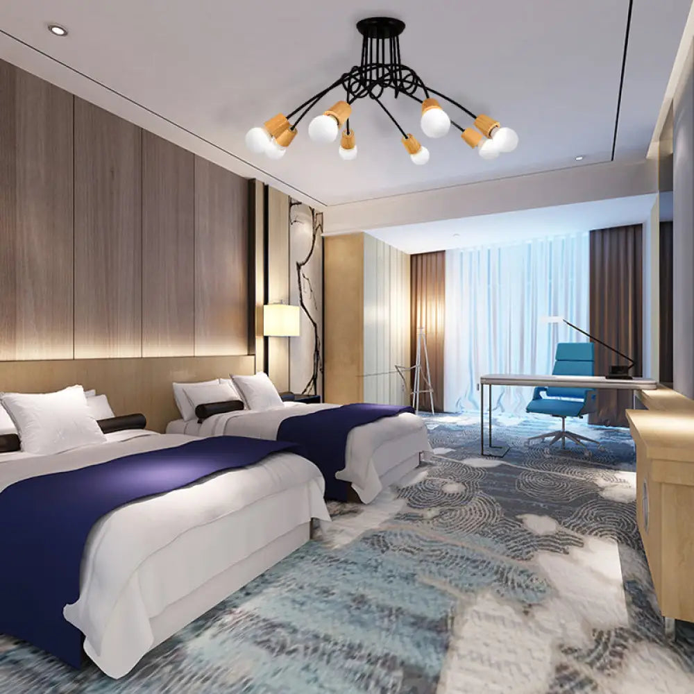 DecorBites™ DecorBites™ Loft Style Metal Ceiling Light with Open Bulb & Twisted Arm – 3/5 Lights, Wood Accent – Perfect for Kitchen & Semi Flush Pendant