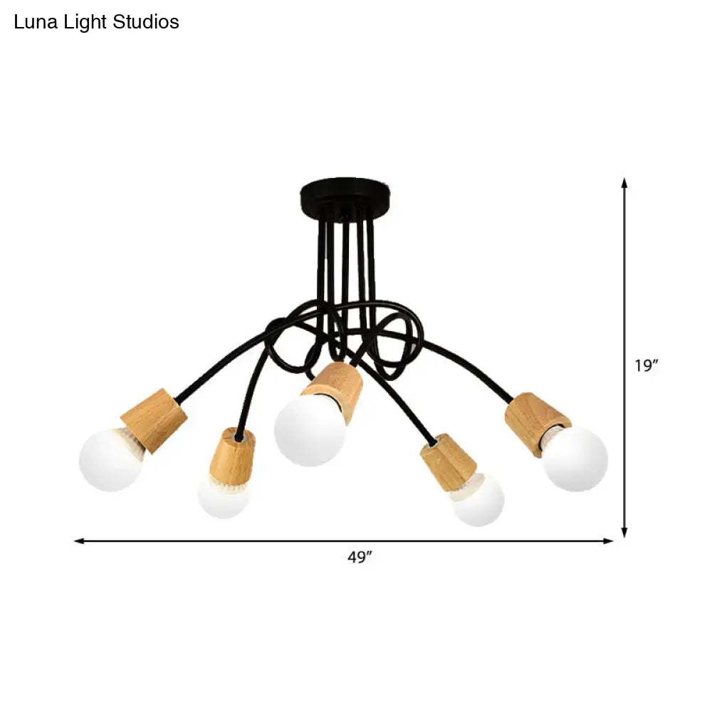 DecorBites™ DecorBites™ Loft Style Metal Ceiling Light with Open Bulb & Twisted Arm – 3/5 Lights, Wood Accent – Perfect for Kitchen & Semi Flush Pendant