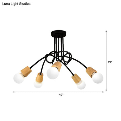 DecorBites™ DecorBites™ Loft Style Metal Ceiling Light with Open Bulb & Twisted Arm – 3/5 Lights, Wood Accent – Perfect for Kitchen & Semi Flush Pendant