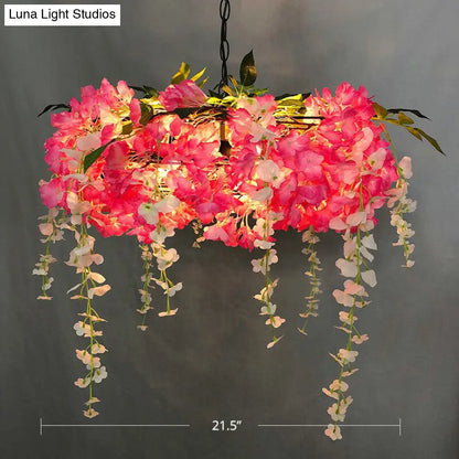 Loft Style Metal Pendant Light Fixture with Fake Flowers - 3-Bulb Round Hanging Lamp for Restaurants