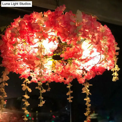 Loft Style Metal Pendant Light Fixture with Fake Flowers - 3-Bulb Round Hanging Lamp for Restaurants
