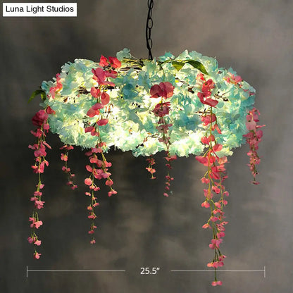 Loft Style Metal Pendant Light Fixture with Fake Flowers - 3-Bulb Round Hanging Lamp for Restaurants