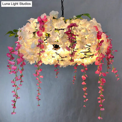 Loft Style Metal Pendant Light Fixture with Fake Flowers - 3-Bulb Round Hanging Lamp for Restaurants