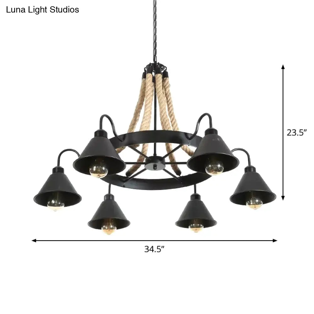 Loft Style Rope Chandelier with Cone Metal Shade - Brown Pendant Light, 6/8 Heads