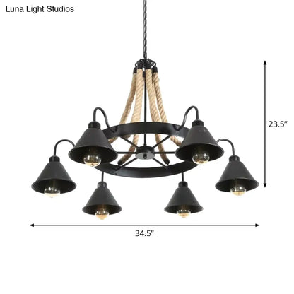 Loft Style Rope Chandelier with Cone Metal Shade - Brown Pendant Light, 6/8 Heads