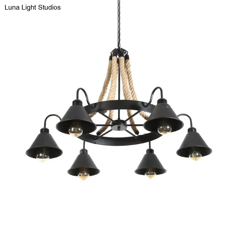 Loft Style Rope Chandelier with Cone Metal Shade - Brown Pendant Light, 6/8 Heads