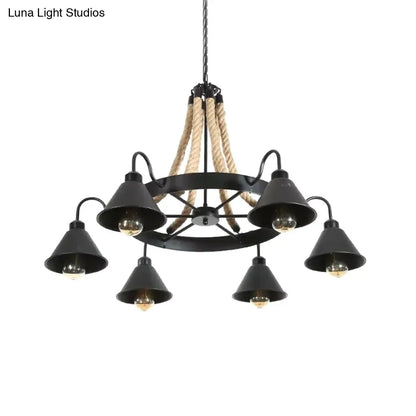 Loft Style Rope Chandelier with Cone Metal Shade - Brown Pendant Light, 6/8 Heads