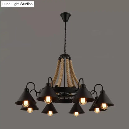 Loft Style Rope Chandelier with Cone Metal Shade - Brown Pendant Light, 6/8 Heads