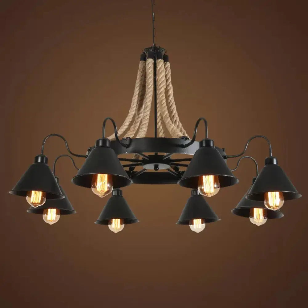 Loft Style Rope Chandelier with Cone Metal Shade - Brown Pendant Light, 6/8 Heads