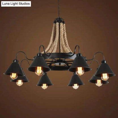 Loft Style Rope Chandelier with Cone Metal Shade - Brown Pendant Light, 6/8 Heads