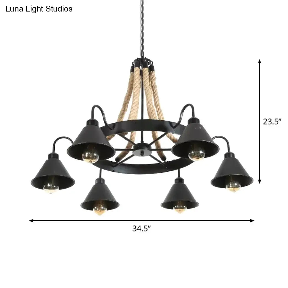 Loft Style Rope Chandelier with Cone Metal Shade - Brown Pendant Light, 6/8 Heads