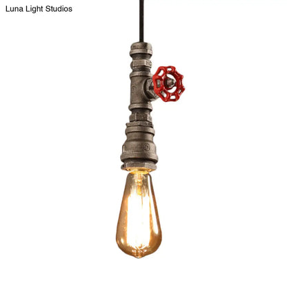 Loft Style Single-Bulb Pipe Pendant Light | Black/Silver/Bronze Metallic Hanging Lamp with Water Valve Deco