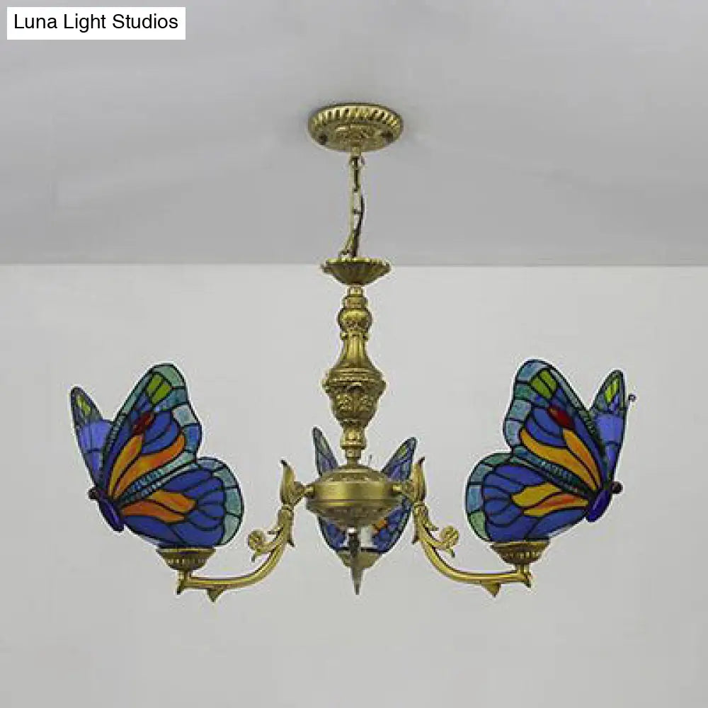 Loft Style Stained Glass Butterfly Chandelier with 3 Lights & Chain - Multicolor Options