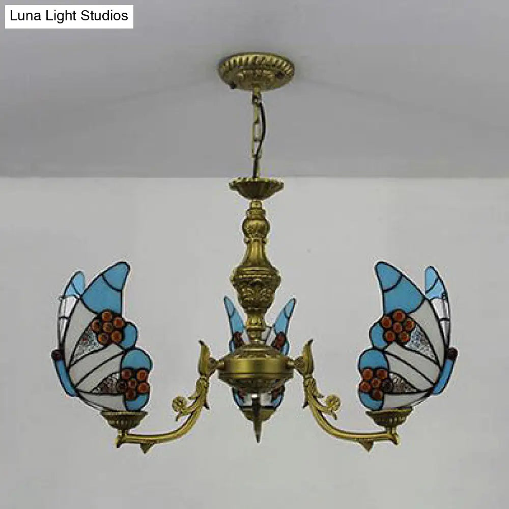 Loft Style Stained Glass Butterfly Chandelier with 3 Lights & Chain - Multicolor Options