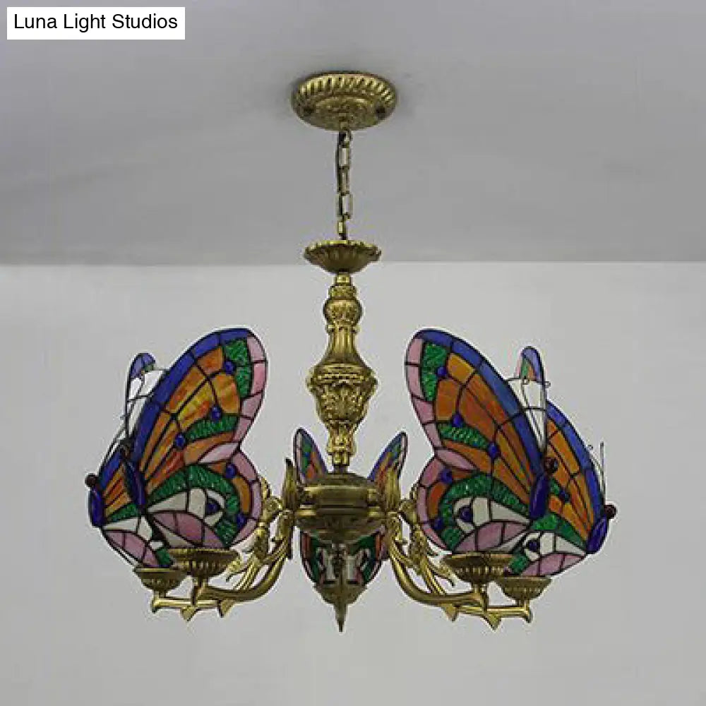 Loft Style Stained Glass Butterfly Chandelier with 3 Lights & Chain - Multicolor Options