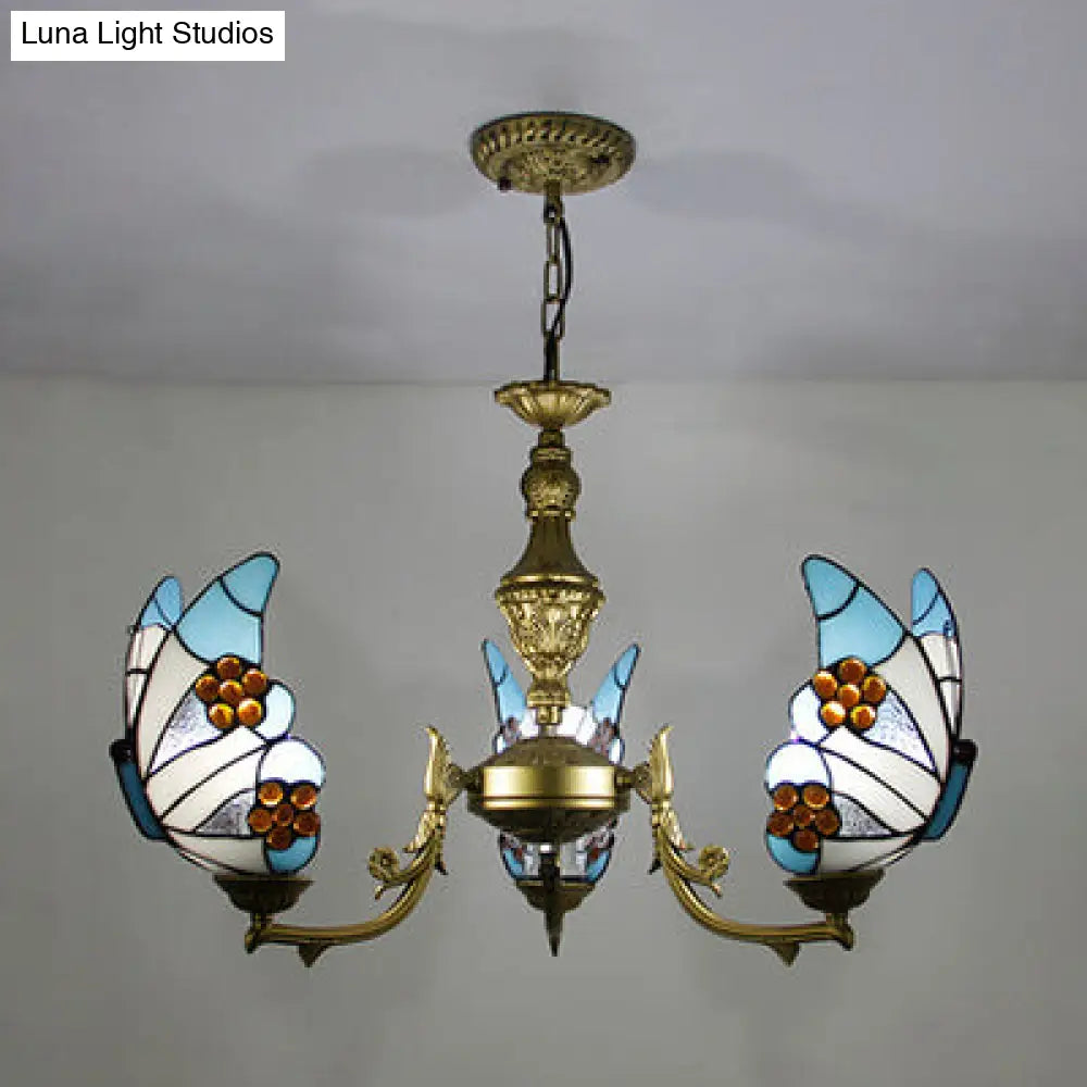 Loft Style Stained Glass Butterfly Chandelier with 3 Lights & Chain - Multicolor Options