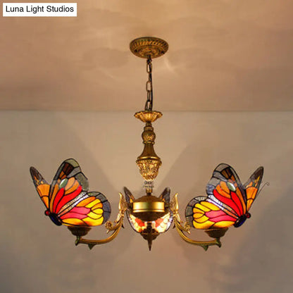 Loft Style Stained Glass Butterfly Chandelier with 3 Lights & Chain - Multicolor Options