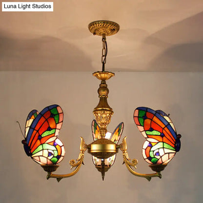Loft Style Stained Glass Butterfly Chandelier with 3 Lights & Chain - Multicolor Options