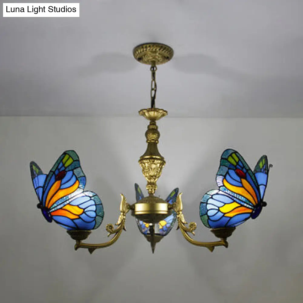 Loft Style Stained Glass Butterfly Chandelier with 3 Lights & Chain - Multicolor Options