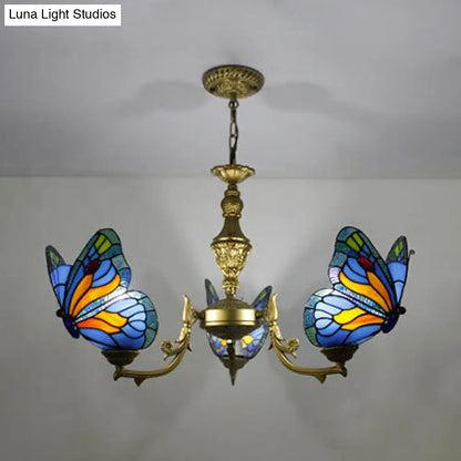 Loft Style Stained Glass Butterfly Chandelier with 3 Lights & Chain - Multicolor Options