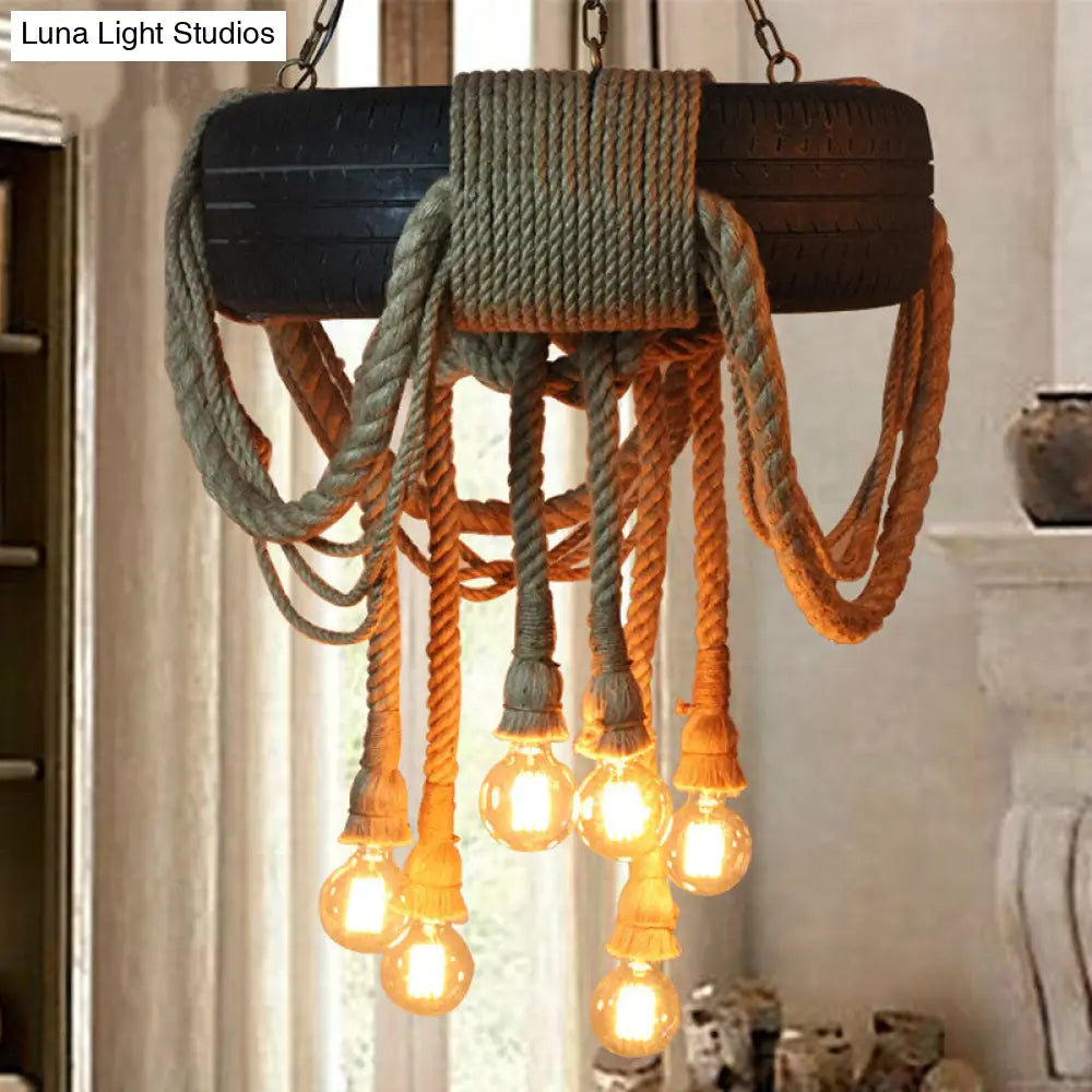 Loft Style Tyre Rope Chandelier with 6 Bare Bulb Pendant Lights