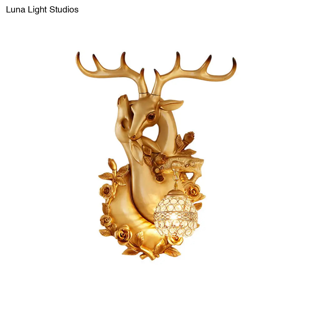 DecorBites™ Loft Style Wall Mounted Sconce with Clear Crystal Shade, Blue/Gold Finish and Deer Head Accent