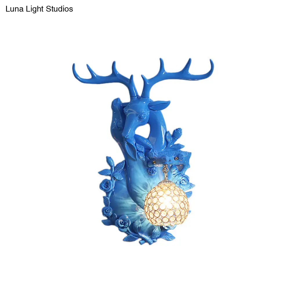 DecorBites™ Loft Style Wall Mounted Sconce with Clear Crystal Shade, Blue/Gold Finish and Deer Head Accent