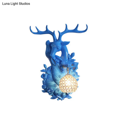 DecorBites™ Loft Style Wall Mounted Sconce with Clear Crystal Shade, Blue/Gold Finish and Deer Head Accent