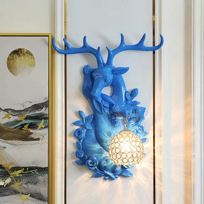 DecorBites™ Loft Style Wall Mounted Sconce with Clear Crystal Shade, Blue/Gold Finish and Deer Head Accent