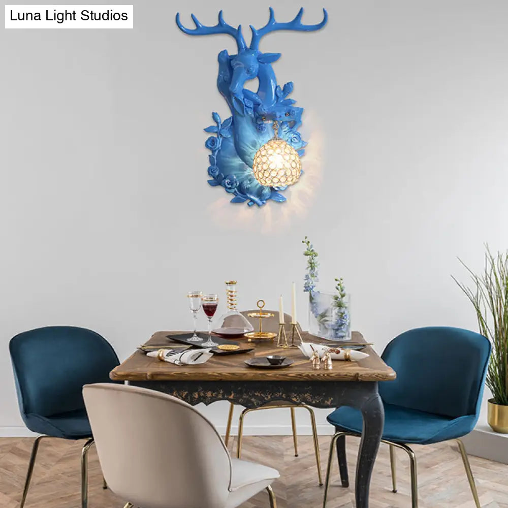 DecorBites™ Loft Style Wall Mounted Sconce with Clear Crystal Shade, Blue/Gold Finish and Deer Head Accent