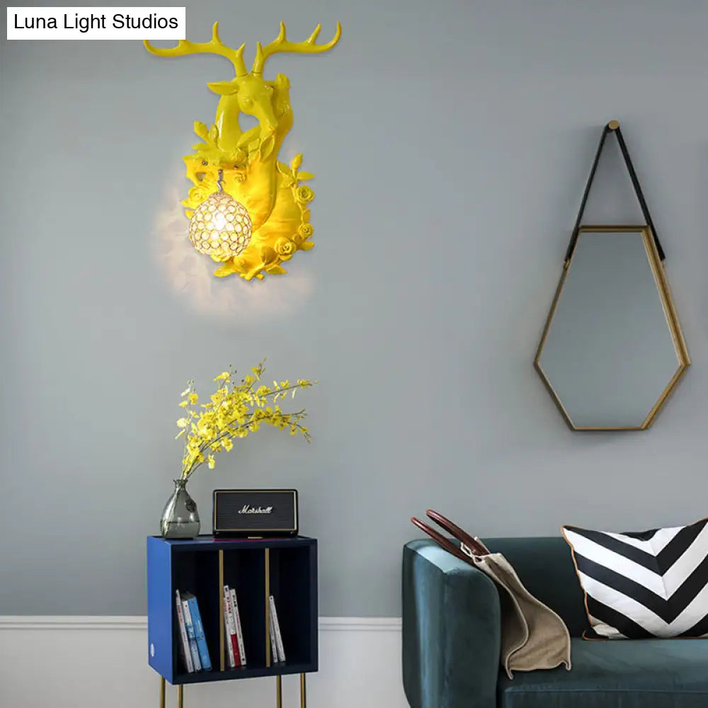 DecorBites™ Loft Style Wall Mounted Sconce with Clear Crystal Shade, Blue/Gold Finish and Deer Head Accent