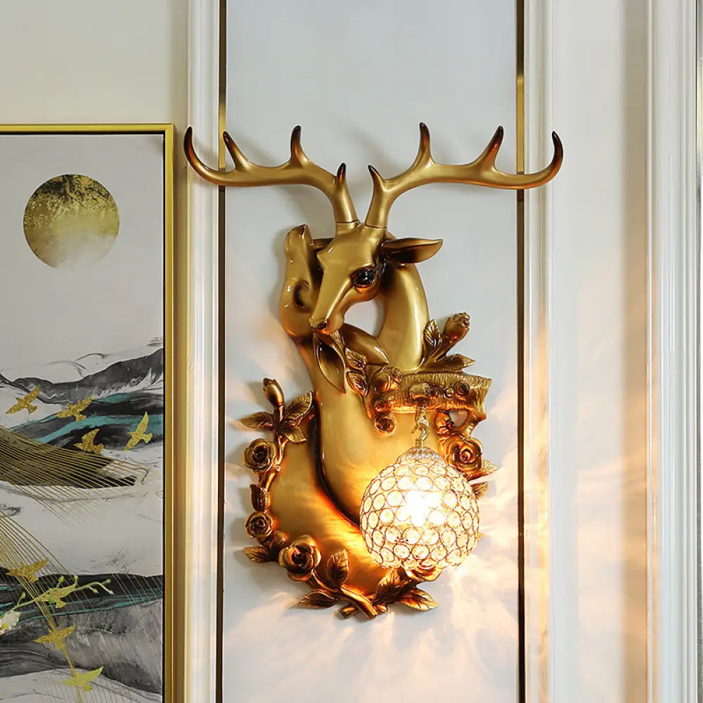 DecorBites™ Loft Style Wall Mounted Sconce with Clear Crystal Shade, Blue/Gold Finish and Deer Head Accent