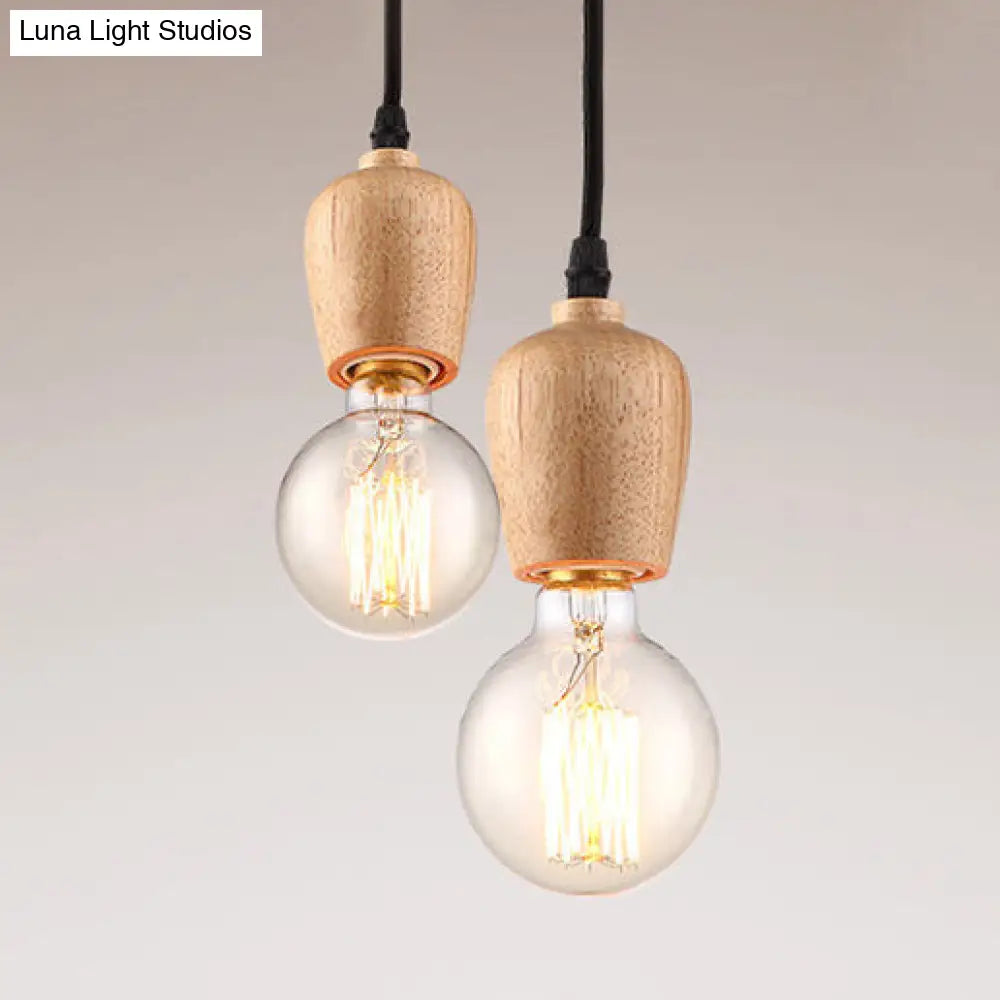 Loft Style Wooden Cap Pendant Light with Adjustable Cord, Exposed Bulb - 1 Head, 2"/3" Diameter