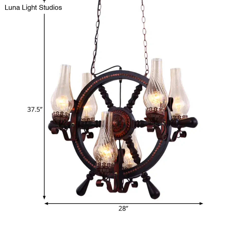 Lola - Clear Clear Water Glass Brown Chandelier Lamp Vase 6 Lights Warehouse Hanging Light Fixture with Wood Rudder Design