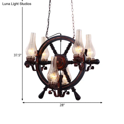 Lola - Clear Clear Water Glass Brown Chandelier Lamp Vase 6 Lights Warehouse Hanging Light Fixture with Wood Rudder Design