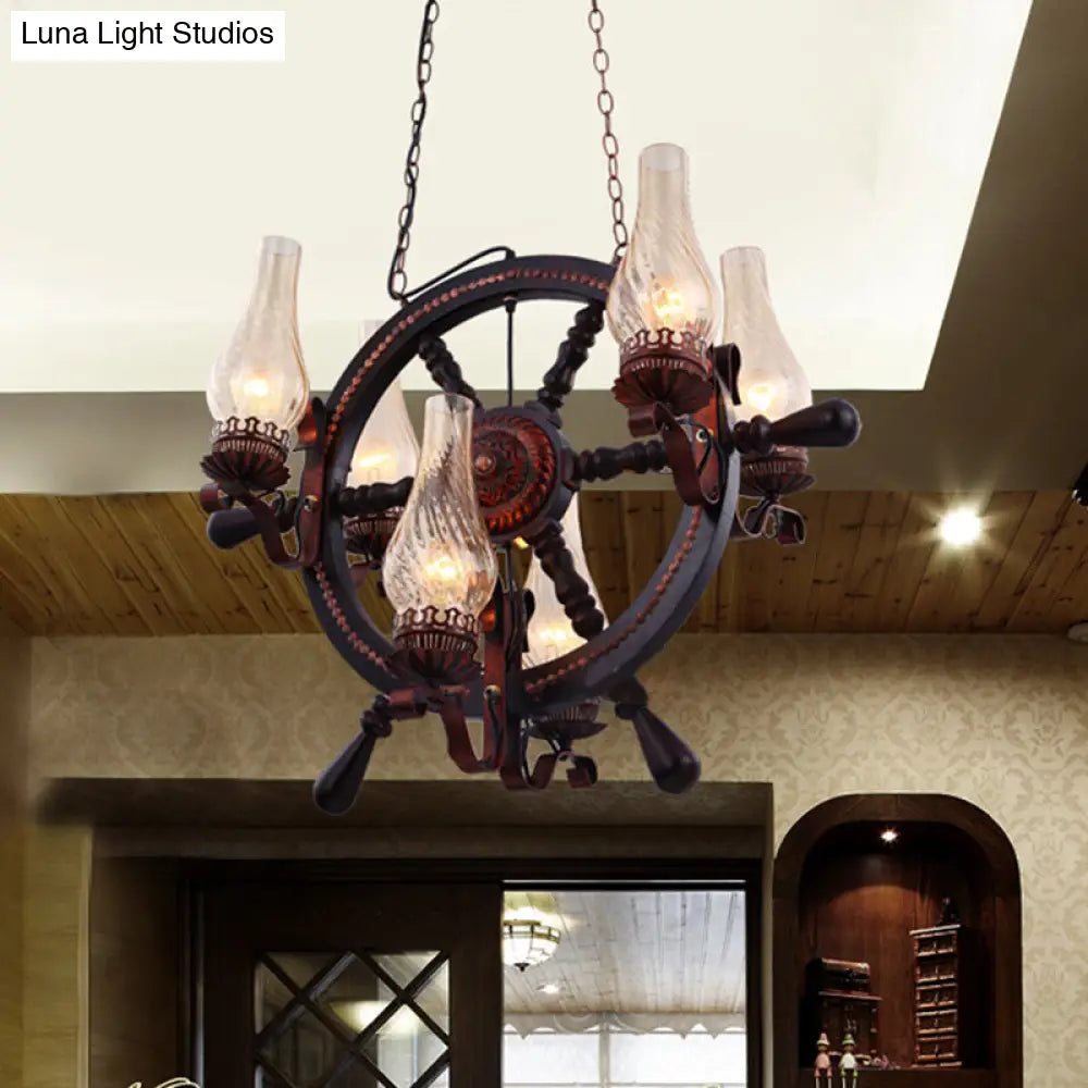 Lola - Clear Clear Water Glass Brown Chandelier Lamp Vase 6 Lights Warehouse Hanging Light Fixture with Wood Rudder Design