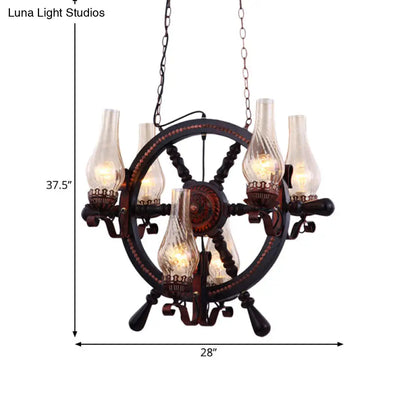 Lola - Clear Clear Water Glass Brown Chandelier Lamp Vase 6 Lights Warehouse Hanging Light Fixture with Wood Rudder Design