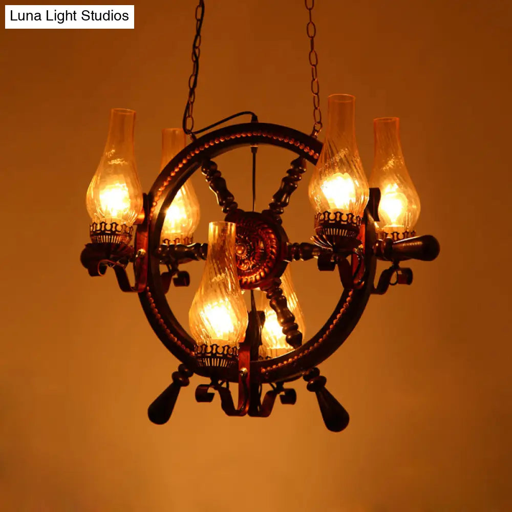 Lola - Clear Clear Water Glass Brown Chandelier Lamp Vase 6 Lights Warehouse Hanging Light Fixture with Wood Rudder Design