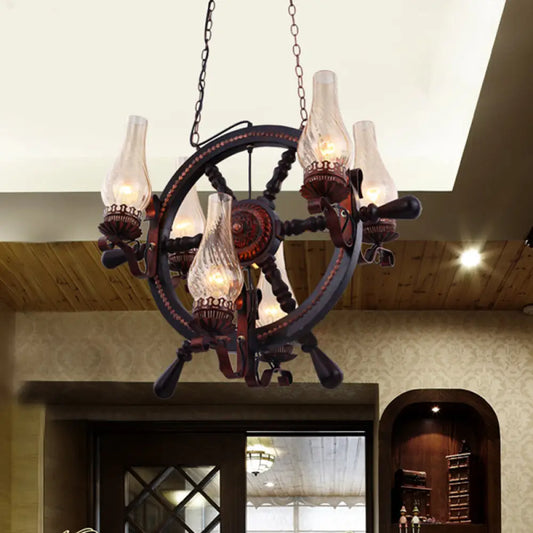 Lola - Clear Clear Water Glass Brown Chandelier Lamp Vase 6 Lights Warehouse Hanging Light Fixture with Wood Rudder Design