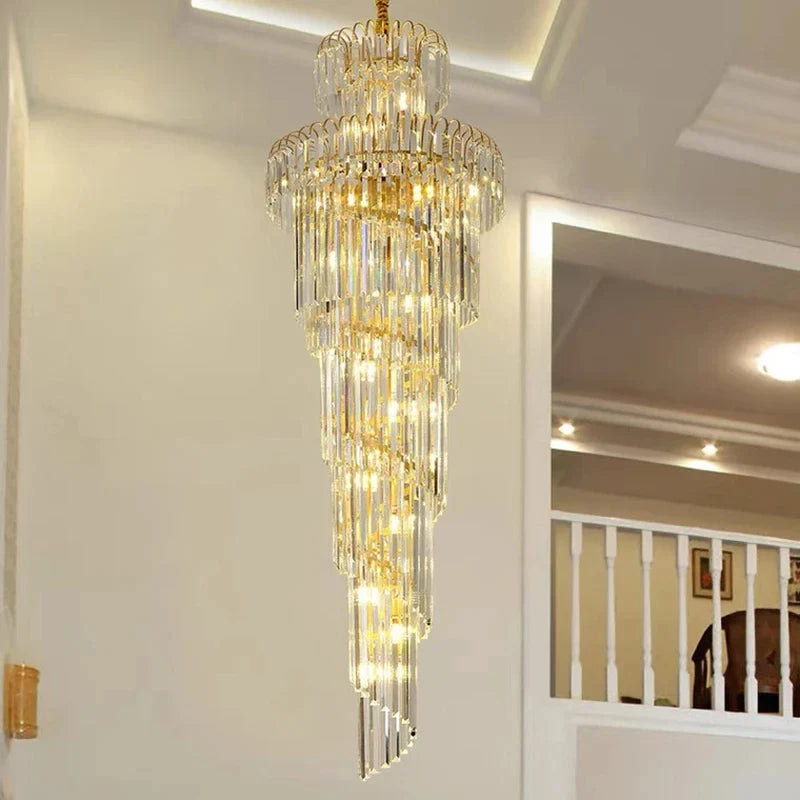Long crystal staircase gold chandelier with cascading clear crystal prisms for luxury hotel hall and living room decor