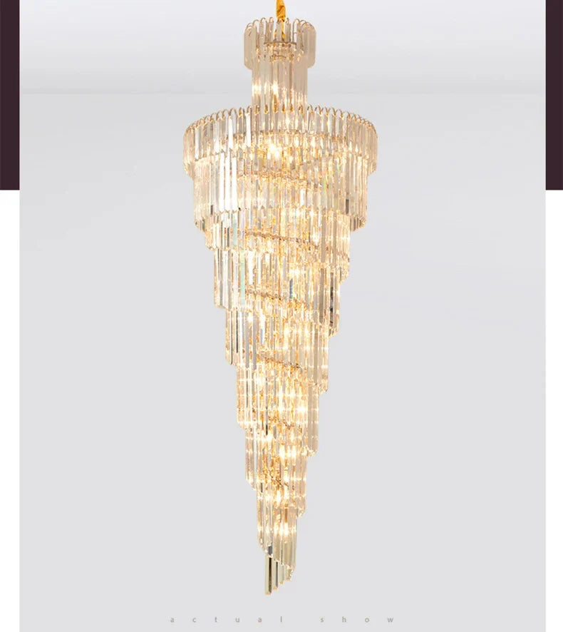 A multi-tiered crystal staircase gold chandelier with faceted glass rods for hotel hall and luxury villa decor