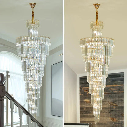 Multi-tiered long crystal staircase gold chandelier with cascading clear glass rods for hotel hall and luxury decor