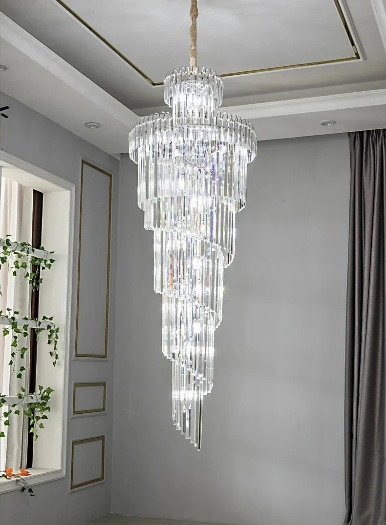 Long crystal staircase gold chandelier with cascading glass rods and natural fiber cord for hotel hall luxury decor