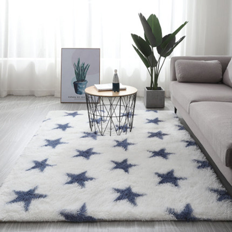 White star rug with blue stars plush polyester fiber long hair tie-dyed gradient carpet for living room and bedroom