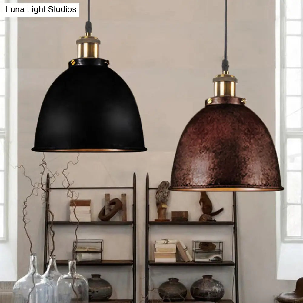 Lonie - Antique Antique Style Dome Pendant Lamp 1 Light Wrought Iron Hanging Light Fixture with Cord in Black/Rust