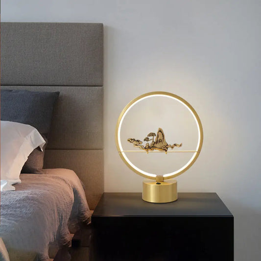 Loop LED Table Light: Artistic Metal Brass Night Lamp with Carved Mountain Decor