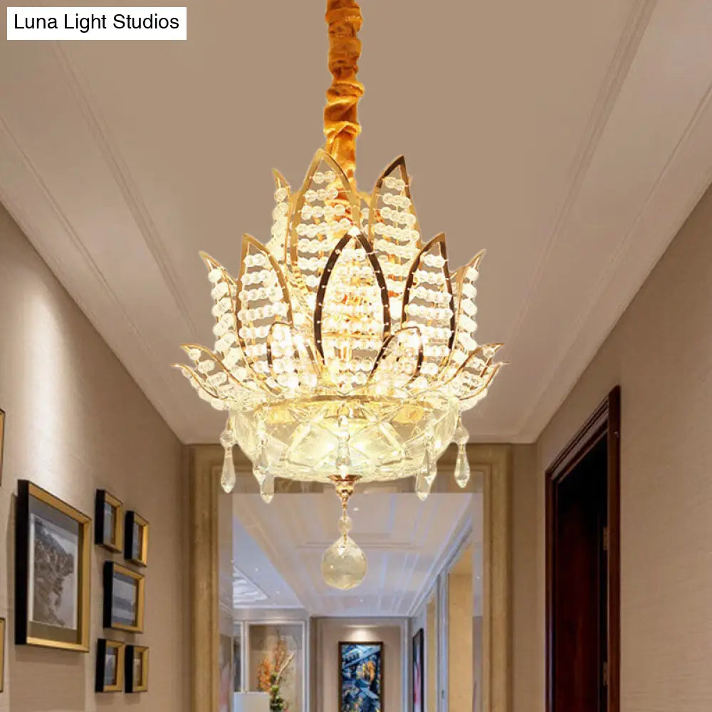 Lámpara de araña con forma de bola de cristal facetada Lotus - Lámpara colgante moderna dorada, 3 luces para pasillo
